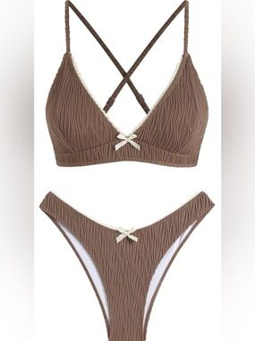 NWT ZAFUL Brown V Neck High Waisted Lace Up Cheeky Two Piece Bikini Women's XL